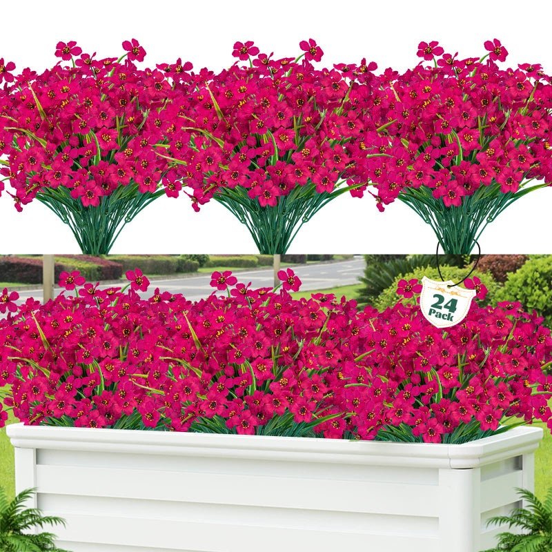 Lnoicy 24 Pcs Artificial Flowers for OutdoorPlastic Flowers Decoration UV Resistant Faux Flowers Shrubs Artificial Plants for Indoor Outside Garden Home Wedding FarmhouseRose Red