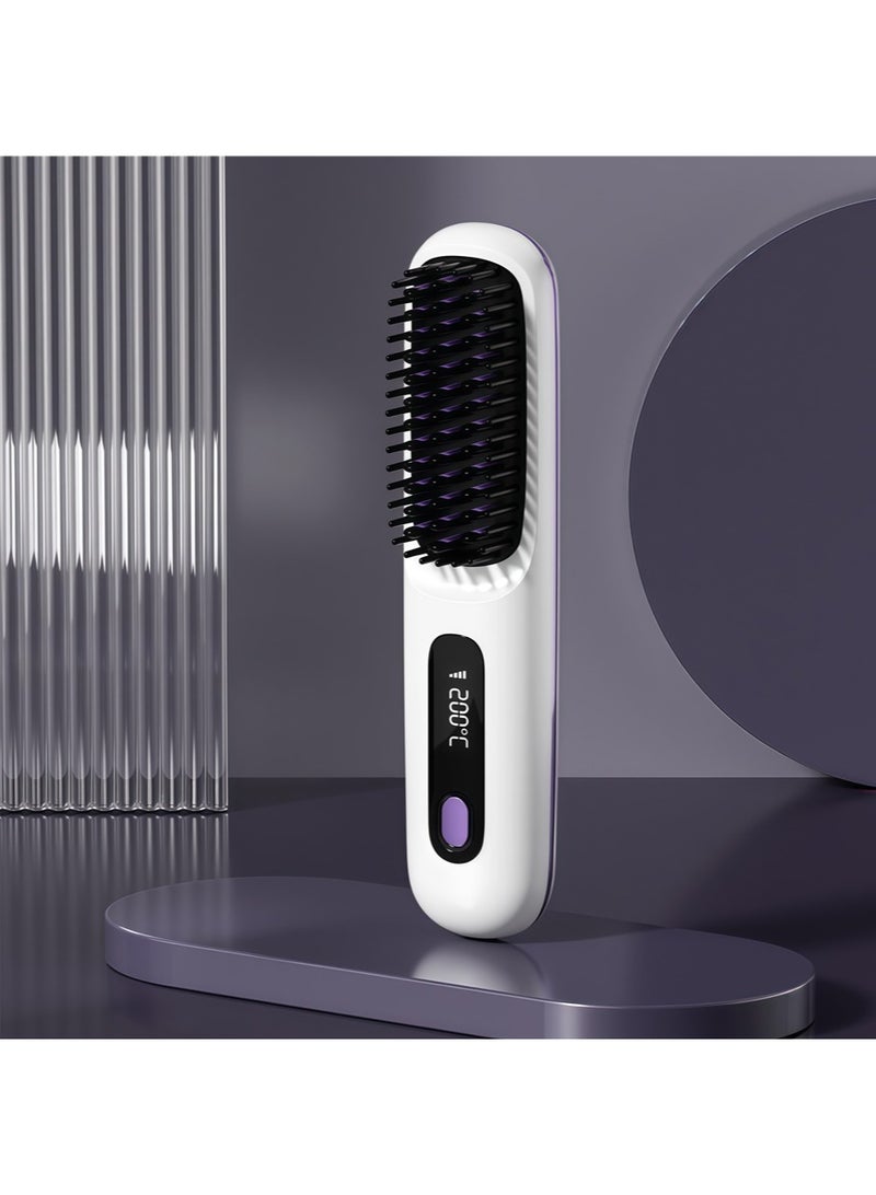 مكواة فرد شعر لاسلكية، مكواة فرد شعر أيونية سيراميكية صغيرة محمولة 2 في 1، فرشاة ساخنة سريعة التسخين في 20 ثانية و3 إعدادات لدرجة الحرارة ومضادة للحروق - Image 1