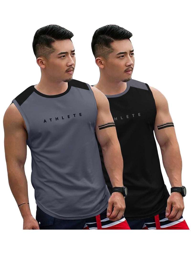 Jump Cuts Mens Sleevless Printed Grey & Black Athlete Polyester Combo Gym Vest - Image 1
