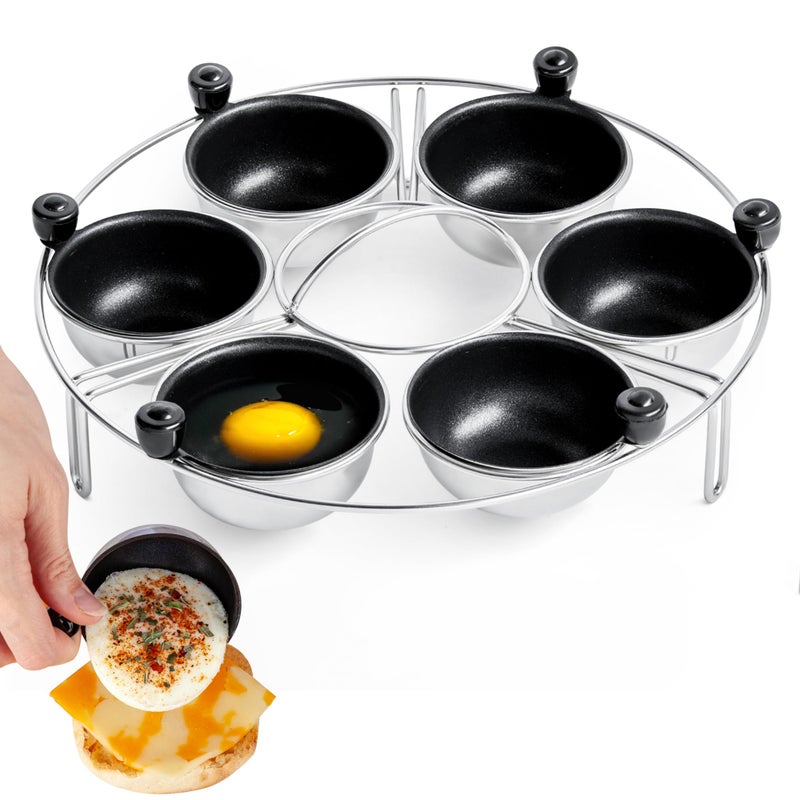 Eggssentials Egg Poacher Insert Stainless Steel Poached Egg Cooker Eggs Poaching Cup PFOA Free Egg Poachers Nonstick, 9 inches Rack, 6 Poached Cups - Image 1