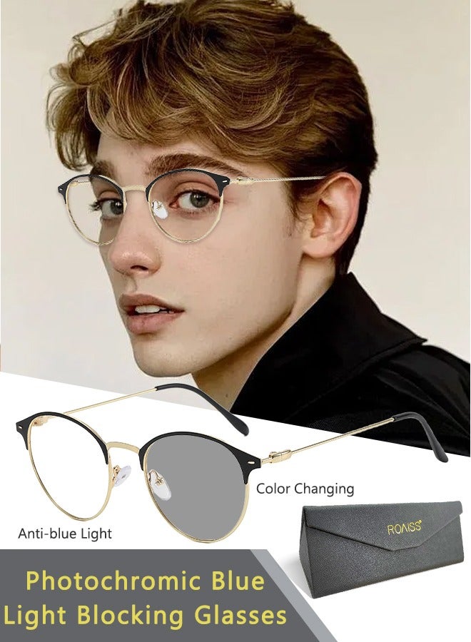 roaiss Blue Light Blocking Sunglasses Anti UV and Glare Blue Light Filter Computer Glasses Round Color Changing Eyewear for Men Women Black Gold - Image 1