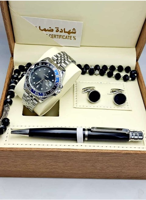 A watch set for men consisting of a quartz watch in the shape of Pepsi with a water-resistant stainless steel bracelet, a cufflink, a pen, and a rosary bead.