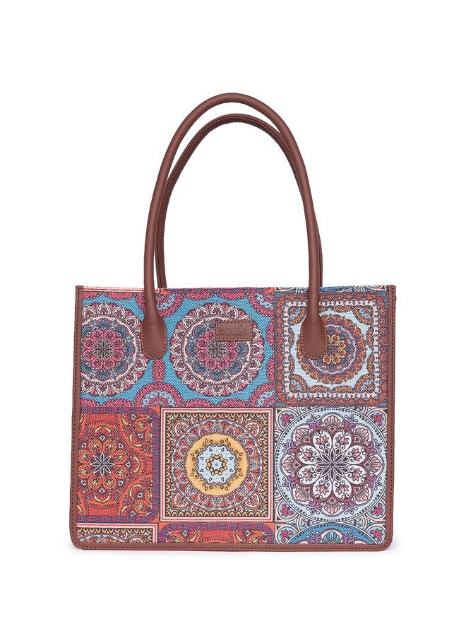 ZOUK Mandala Printed Jute Handcrafted Multicolor Women's Stylish Tote Bags | Tote Handbag| Shoulder bag with double handle - Image 1