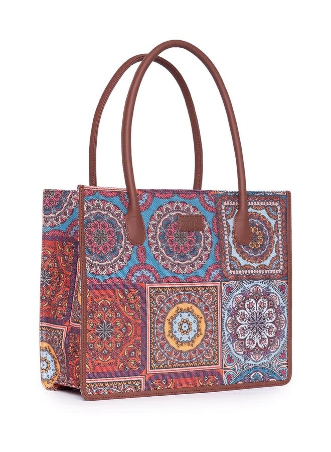 ZOUK Mandala Printed Jute Handcrafted Multicolor Women's Stylish Tote Bags | Tote Handbag| Shoulder bag with double handle - Image 3