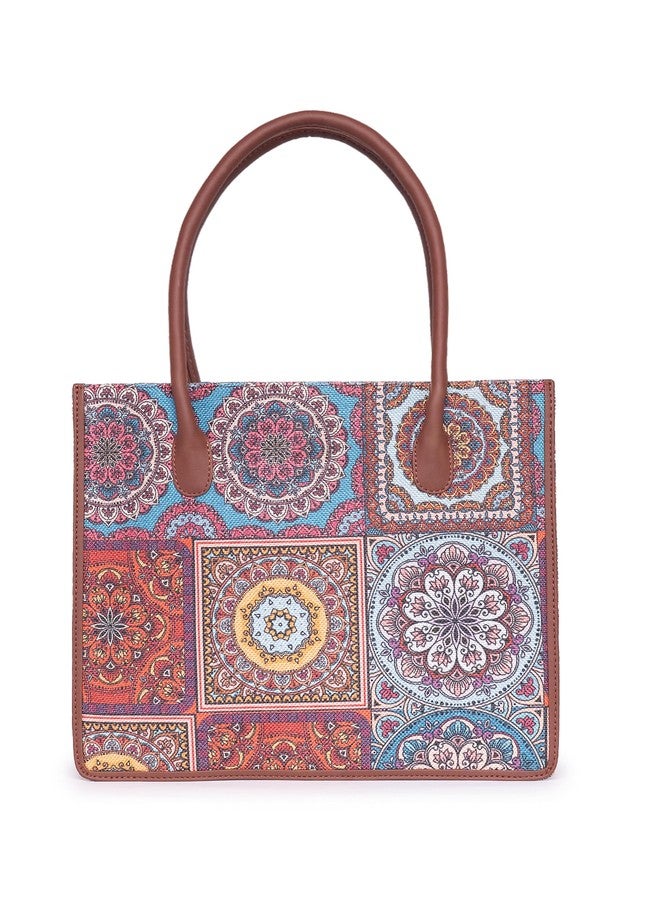 ZOUK Mandala Printed Jute Handcrafted Multicolor Women's Stylish Tote Bags | Tote Handbag| Shoulder bag with double handle - Image 4