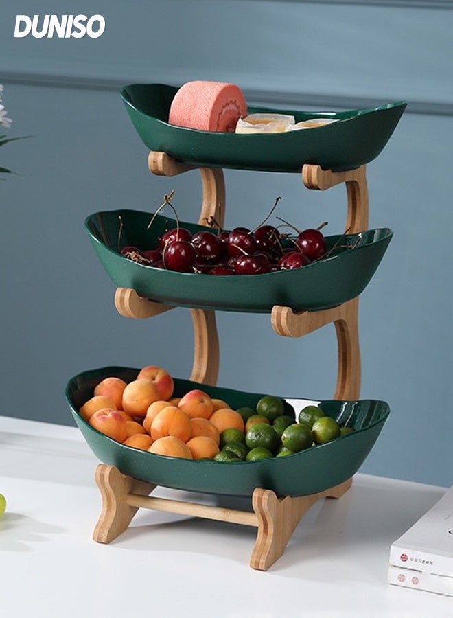 DUNISO 3 Tier Fruit Basket Kitchen Fruit Bowl Long Lasting Elegant Fruit Storage Bowls Luxury Serving Snack Table Plates Serve Dessert Trays Oval Bowl Set with Natural Rack Tiered Serving Tray Set for Fruits and Vegetables - Image 1