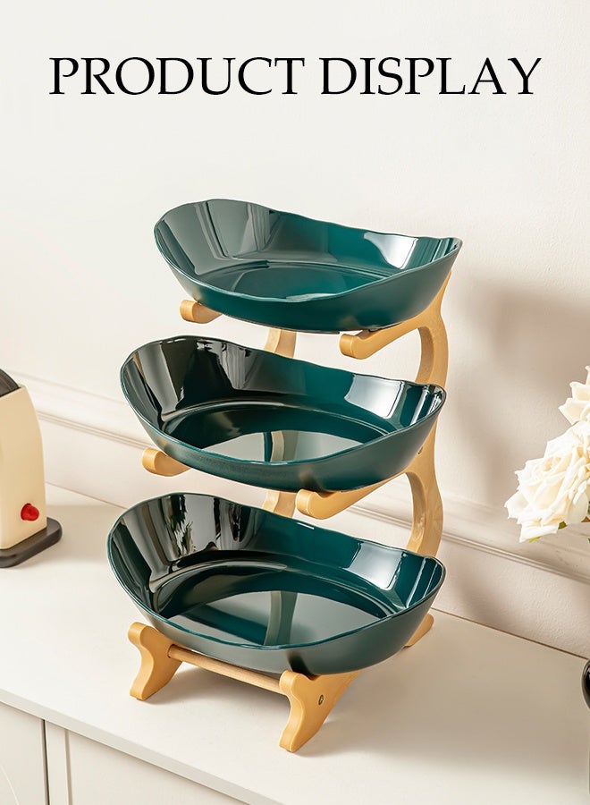 DUNISO 3 Tier Fruit Basket Kitchen Fruit Bowl Long Lasting Elegant Fruit Storage Bowls Luxury Serving Snack Table Plates Serve Dessert Trays Oval Bowl Set with Natural Rack Tiered Serving Tray Set for Fruits and Vegetables - Image 2