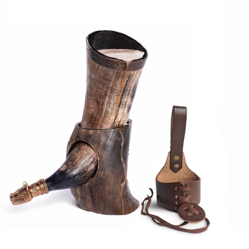 Norse Tradesman Norse Tradesman Genuine 12 OxHorn Viking Drinking Horn With Antique Brass Rim  Wolf Tip Brown Leather Belt Holster Fitted Stand  Burlap Gift Sack  The Fenrir 12Inches Low Polish 