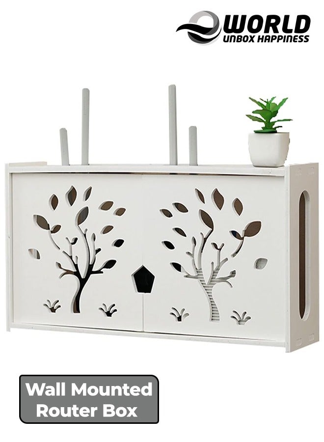 Eworld Stylish Wall Mounted Router Rack for Wi Fi Router, Set-Top Box, Light Cat Box and More, Includes Doors and Patch Panel Shielding Box for Neat Storage, White - Image 1