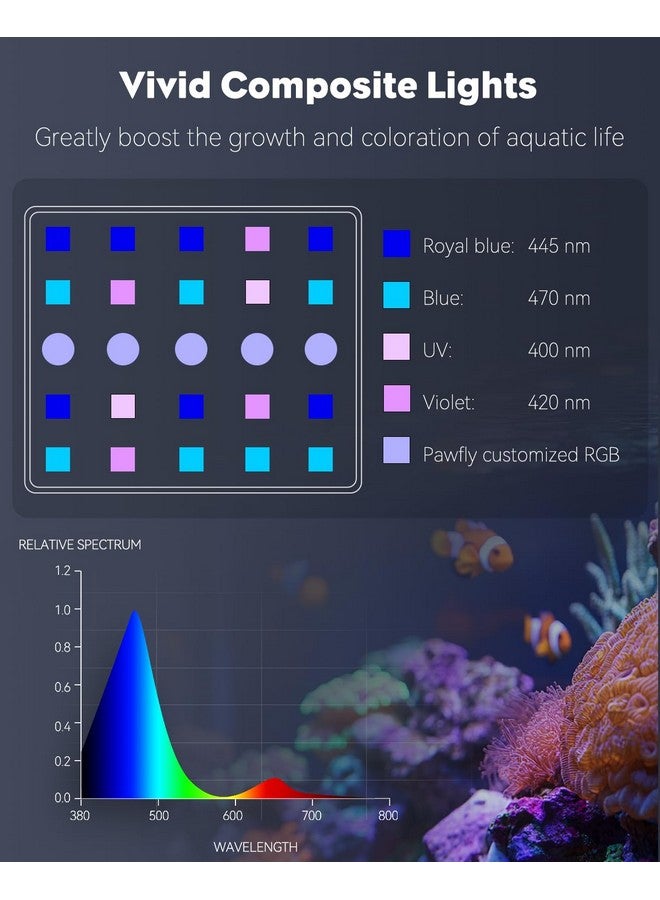 باوفلي مصباح حوض أسماك مالح Pawfly 50 واط بمشبك LED للشعاب المرجانية، مصباح حوض أسماك LED قابل للتعتيم مع سطوع قابل للتعديل، أوضاع D/N، مؤقت، مصابيح UV زرقاء لامعة RGB بنفسجية - Image 2