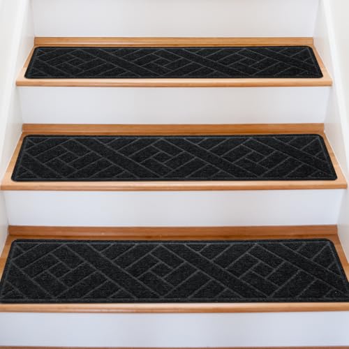 OXKVPVF 15 Pack 8 X 30 NonSlip Carpet Stair Treads for Indoor Wooden Steps Made of Polyester and Reusable Adhesive Suitable for Kids Elders and PetsBlack Lines - Image 1