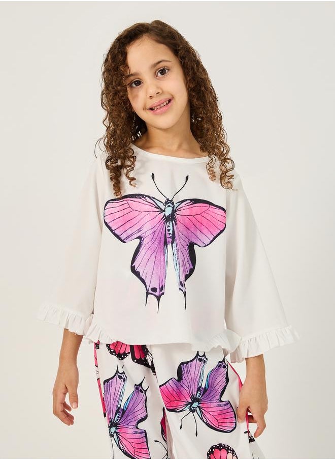 Styli Butterfly Print Ruffled Top and Pants Set  - Image 2