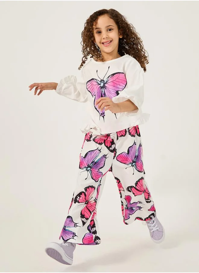 Styli Butterfly Print Ruffled Top and Pants Set