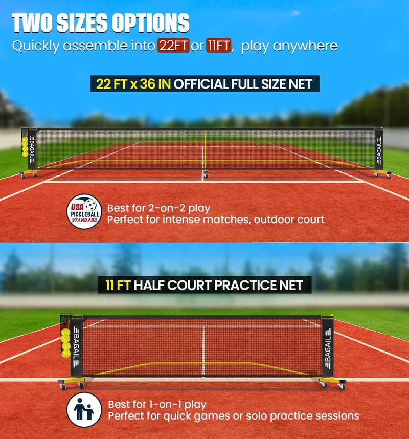 BAGAIL Portable Pickleball Net Set with Wheels, 22 FT Regulation Size & 11 FT Half Court Size 2-in-1 Pickle Ball Net with Ball Collector, Carry Bag, Easy Setup for Outdoor Indoor Driveway - Yellow - Image 2