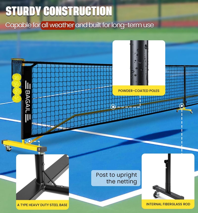 BAGAIL Portable Pickleball Net Set with Wheels, 22 FT Regulation Size & 11 FT Half Court Size 2-in-1 Pickle Ball Net with Ball Collector, Carry Bag, Easy Setup for Outdoor Indoor Driveway - Yellow - Image 5