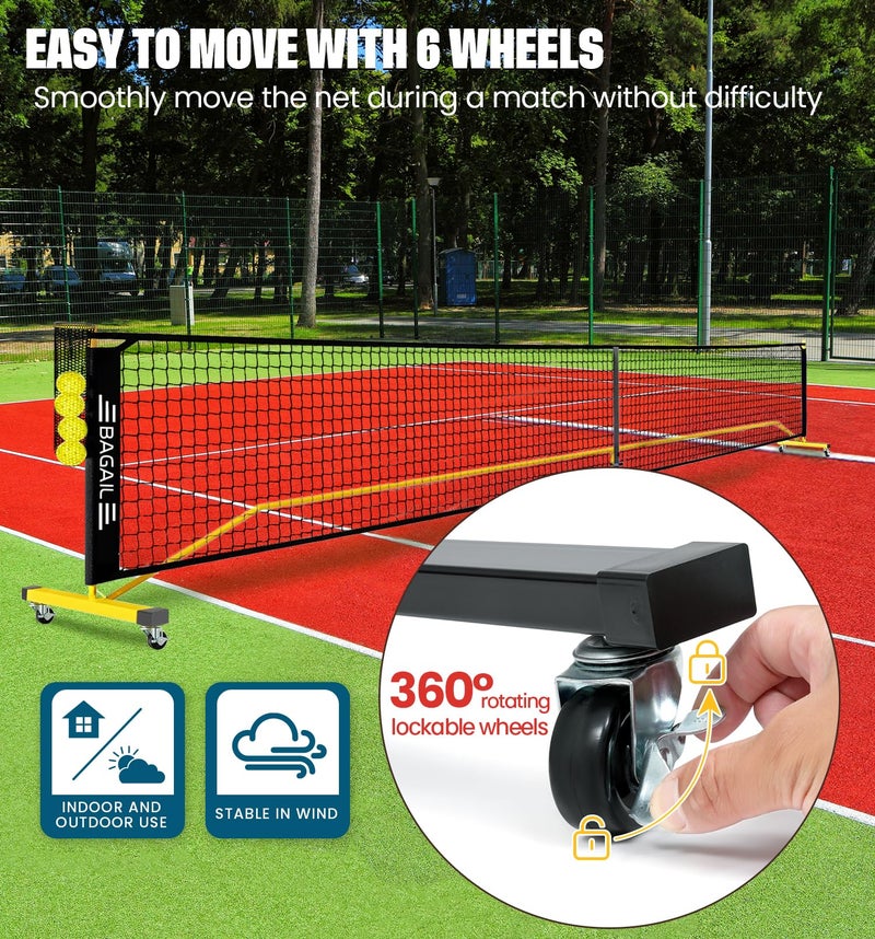 BAGAIL Portable Pickleball Net Set with Wheels, 22 FT Regulation Size & 11 FT Half Court Size 2-in-1 Pickle Ball Net with Ball Collector, Carry Bag, Easy Setup for Outdoor Indoor Driveway - Yellow - Image 3