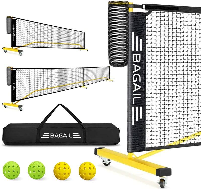 BAGAIL Portable Pickleball Net Set with Wheels, 22 FT Regulation Size & 11 FT Half Court Size 2-in-1 Pickle Ball Net with Ball Collector, Carry Bag, Easy Setup for Outdoor Indoor Driveway - Yellow - Image 1