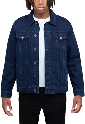 X RAY Mens Denim Jacket, Washed Ripped Distressed Flex Stretch Casual Trucker Biker Jeans Jacket for Men, Navy, Small - Image 1