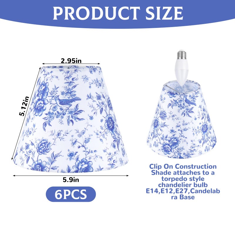YEXEXINM 6 Pcs Chandelier Shades Small Chinoiserie Lamp Shade Toile Clip Bulbs Lampshade Blue Floral Lamp Chimney Cover Decorative Countryside Chandelier Lamp Shade (3 x 6 x 5 Inch) - Image 2