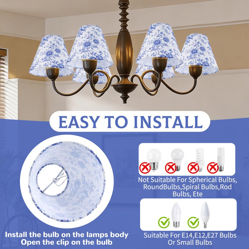 YEXEXINM 6 Pcs Chandelier Shades Small Chinoiserie Lamp Shade Toile Clip Bulbs Lampshade Blue Floral Lamp Chimney Cover Decorative Countryside Chandelier Lamp Shade (3 x 6 x 5 Inch) - Image 4