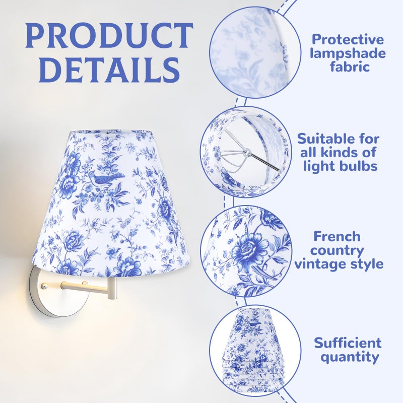YEXEXINM 6 Pcs Chandelier Shades Small Chinoiserie Lamp Shade Toile Clip Bulbs Lampshade Blue Floral Lamp Chimney Cover Decorative Countryside Chandelier Lamp Shade (3 x 6 x 5 Inch) - Image 3