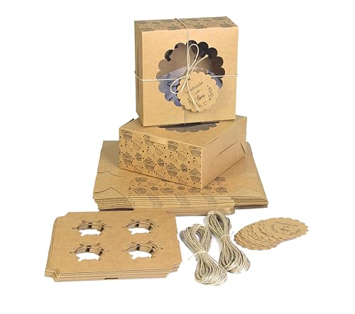 mudrit Cupcake Boxes with Insert Trays Tags and Twine Kraft Paper Food Grade with Windows Fits 4 Cupcakes Brown - Image 1