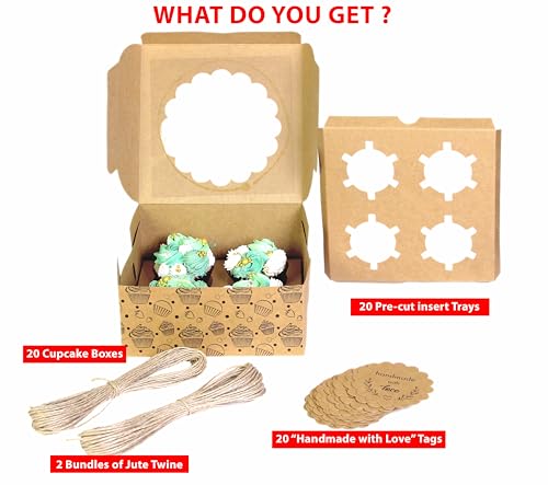 mudrit Cupcake Boxes with Insert Trays Tags and Twine Kraft Paper Food Grade with Windows Fits 4 Cupcakes Brown - Image 3