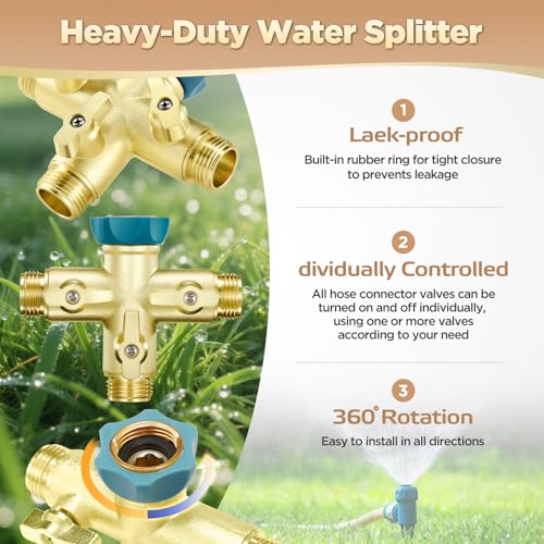 IPOW 3 Way 1.2MPa High Flow Heavy Duty Garden Hose Splitter, 3/4" Spigot Faucet Connectors with 6 Rubber Hose Washers and Comfort Grip Use, Hose Pipe Tap Splitter for Garden Outdoor Home - Image 2