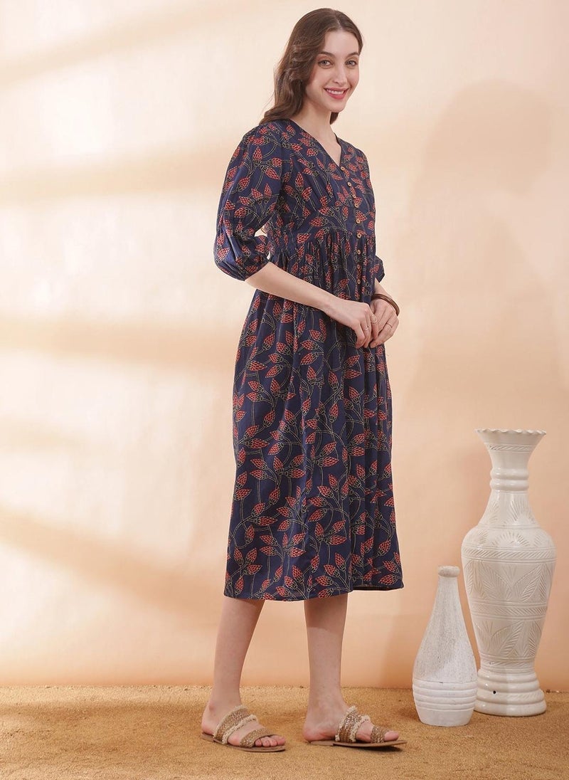 Globus Women Navy Blue Floral Print Button Detail Ethnic Dress with V Neck and Bishop Sleeves - Image 3