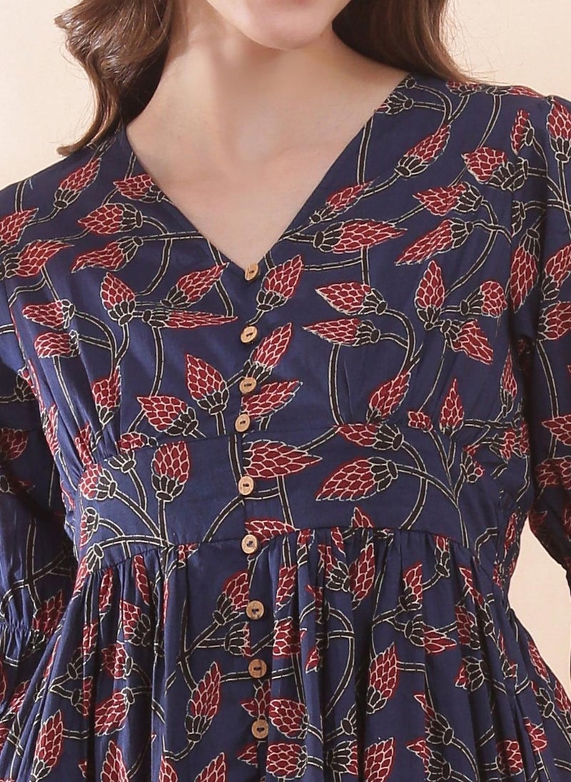 Globus Women Navy Blue Floral Print Button Detail Ethnic Dress with V Neck and Bishop Sleeves - Image 5