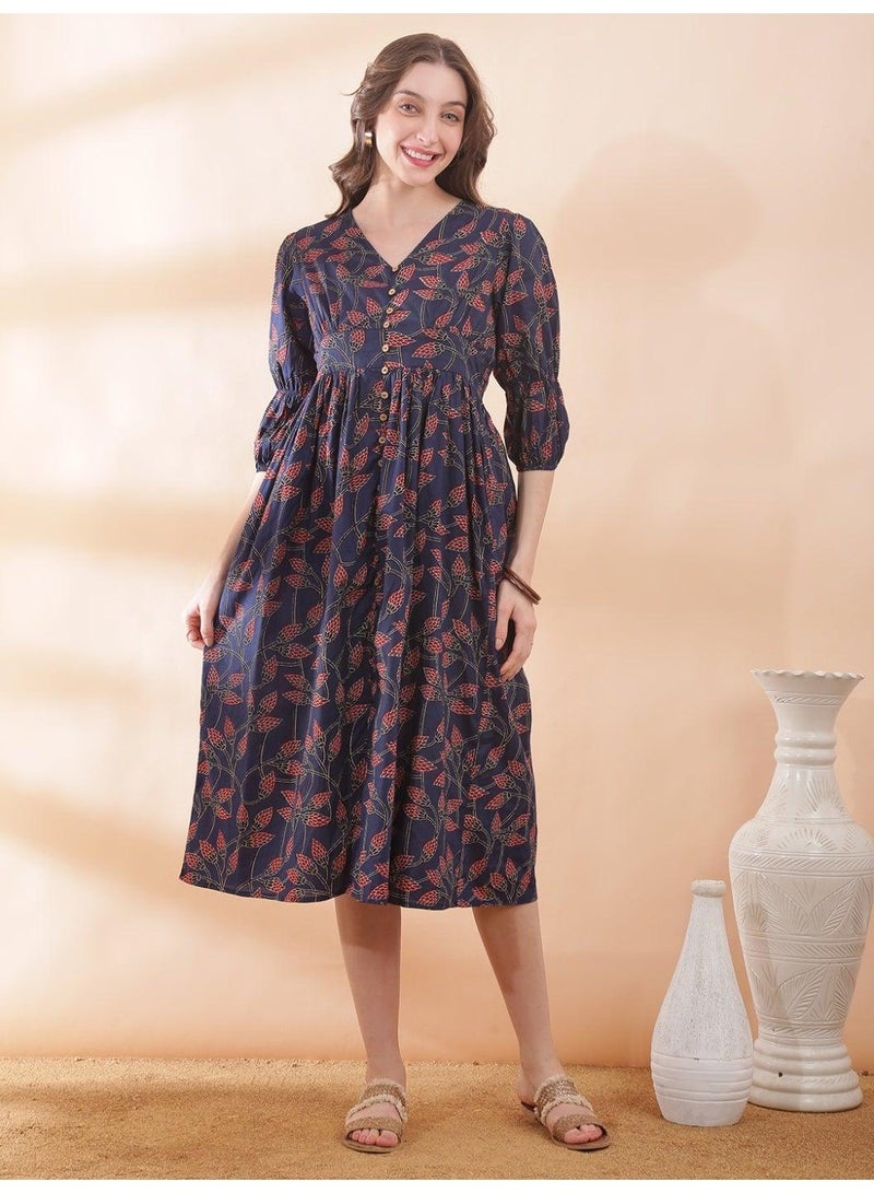 Globus Women Navy Blue Floral Print Button Detail Ethnic Dress with V Neck and Bishop Sleeves - Image 1