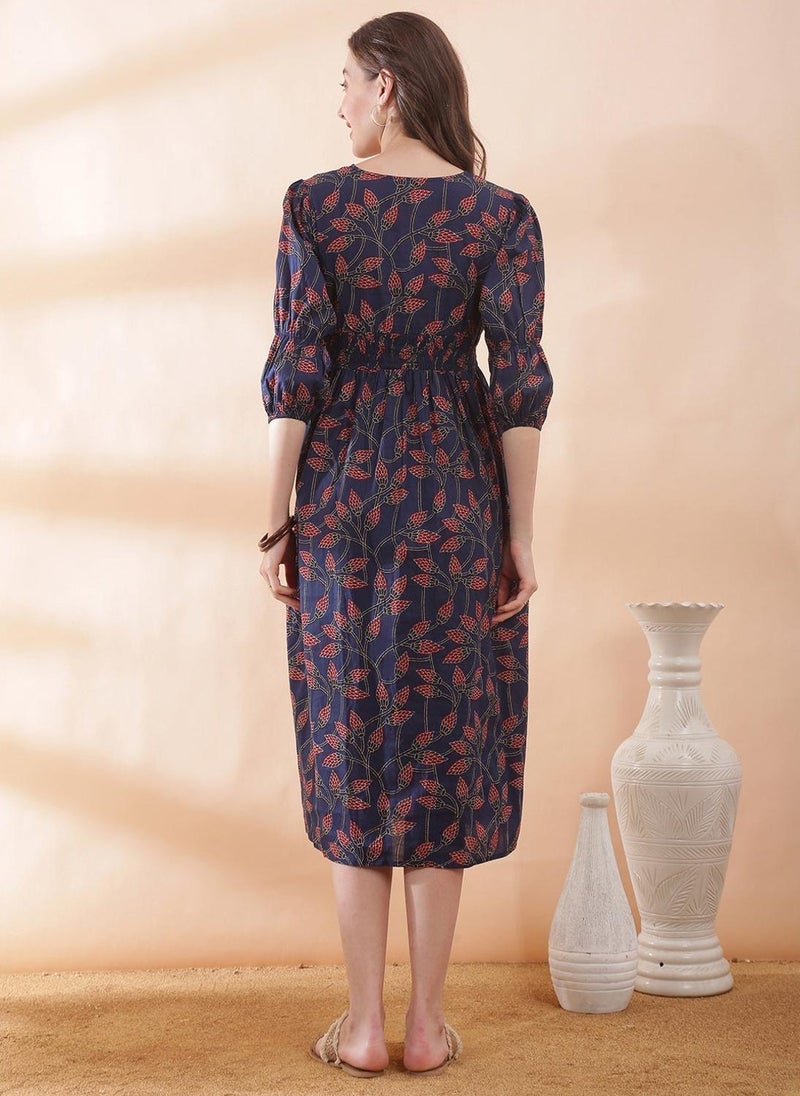 Globus Women Navy Blue Floral Print Button Detail Ethnic Dress with V Neck and Bishop Sleeves - Image 4