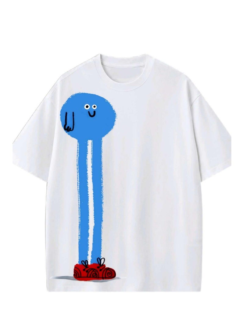 Unisex Casual Crew Neck Short Sleeve T-Shirt with Cute Blue Long-Legged Character Print - White - Image 1