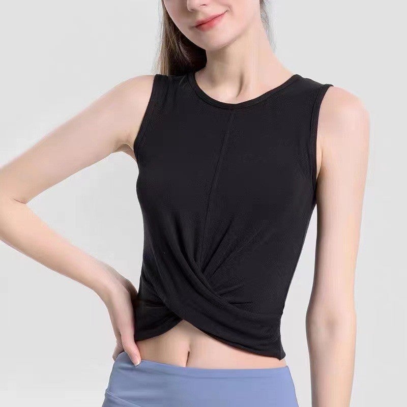 Generic New Moisture-Wicking Yoga Fitness Vest Pleated Waist Versatile Loose Pullover Running Sports Vest for Women Summer Black 