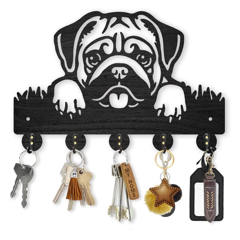 MAYJOYDIY Wood Pug Dog Coat Rack Dog Pet Key Holder for Wall 11879inch Animal Wall Hook Rustic Decorative Dog Hook 5 Alloy Hooks for Gift Dog Leash Entryway Living Room Farmhouse - Image 2