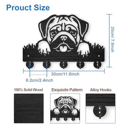 MAYJOYDIY Wood Pug Dog Coat Rack Dog Pet Key Holder for Wall 11879inch Animal Wall Hook Rustic Decorative Dog Hook 5 Alloy Hooks for Gift Dog Leash Entryway Living Room Farmhouse - Image 3
