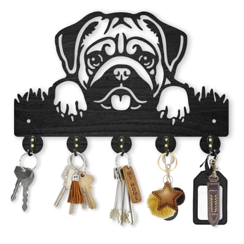 MAYJOYDIY Wood Pug Dog Coat Rack Dog Pet Key Holder for Wall 11879inch Animal Wall Hook Rustic Decorative Dog Hook 5 Alloy Hooks for Gift Dog Leash Entryway Living Room Farmhouse - Image 1