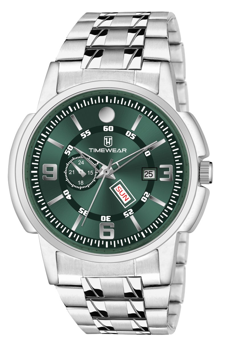 TIMEWEAR Analog Green Dial Day Date Functioning Stainless Steel Chain Watch for Men - Image 1