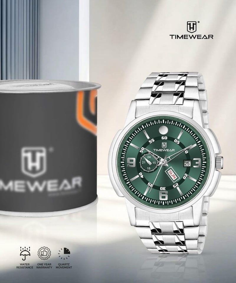TIMEWEAR Analog Green Dial Day Date Functioning Stainless Steel Chain Watch for Men - Image 5