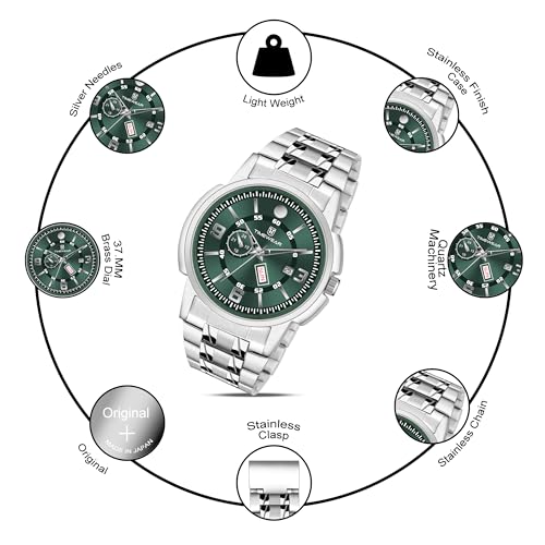 TIMEWEAR Analog Green Dial Day Date Functioning Stainless Steel Chain Watch for Men - Image 3