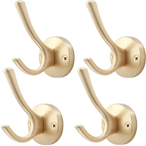 TOFIIGREM Gold Hat and Coat Hooks, 4 Pack Heavy Duty Coat Robe Hook, Metal Double Backpack Hook Wall Mounted, Towel Hooks for Bathroom Entryway Cubicle Closet Garage - Image 1