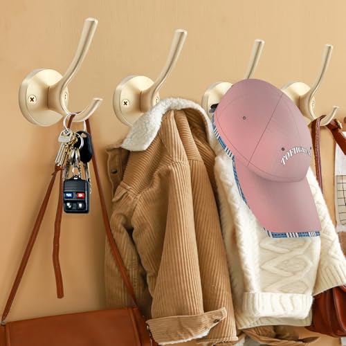 TOFIIGREM Gold Hat and Coat Hooks, 4 Pack Heavy Duty Coat Robe Hook, Metal Double Backpack Hook Wall Mounted, Towel Hooks for Bathroom Entryway Cubicle Closet Garage - Image 2