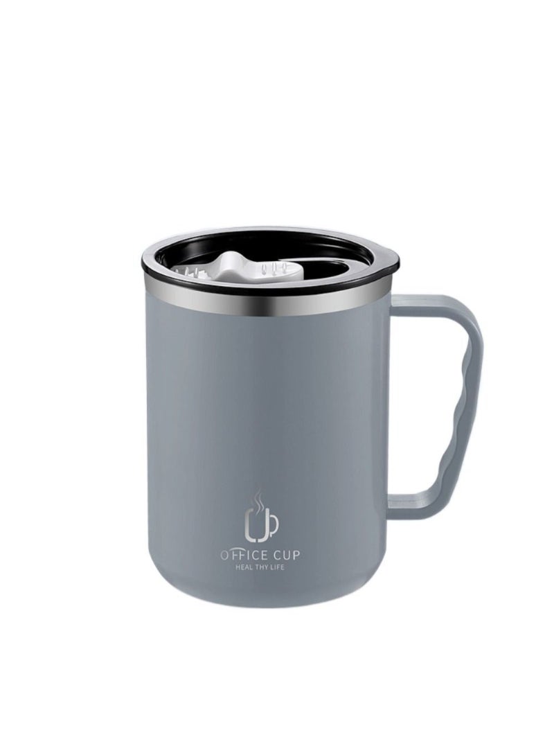 AROAQ Stainless Steel Double Layers Coffee Mug Milk Cup With Plastic Lid And Handle 500ml Grey - Image 1