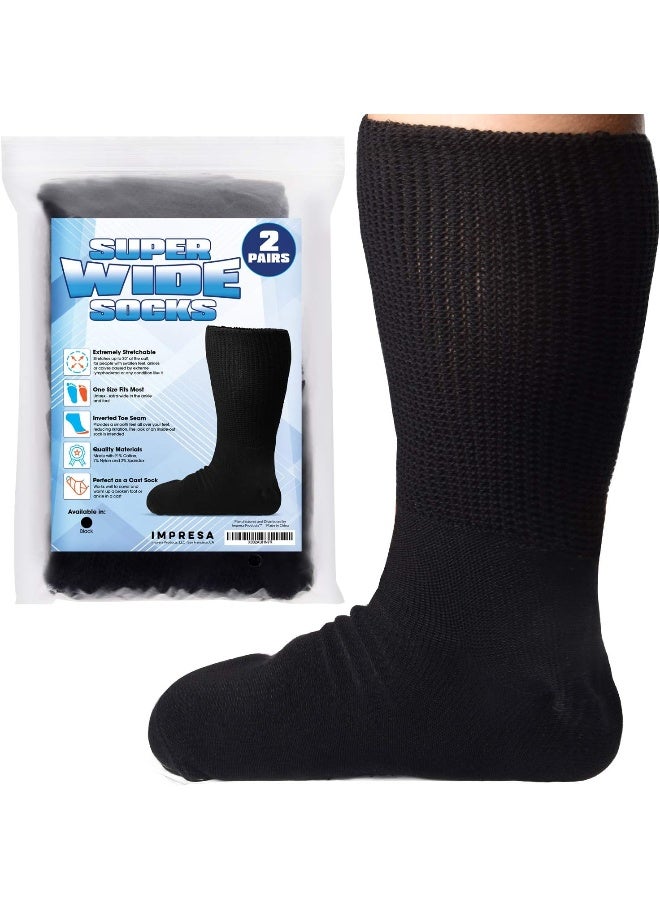 IMPRESA IMPRESA Extra Wide Socks for Men and Women - 2 Pairs - Ideal for Lymphedema, Swollen Feet, Legs, and Calves - Great as Bariatric Hospital Socks or Cast Socks - Stretches up to 30 Inches (Black)  - Image 1