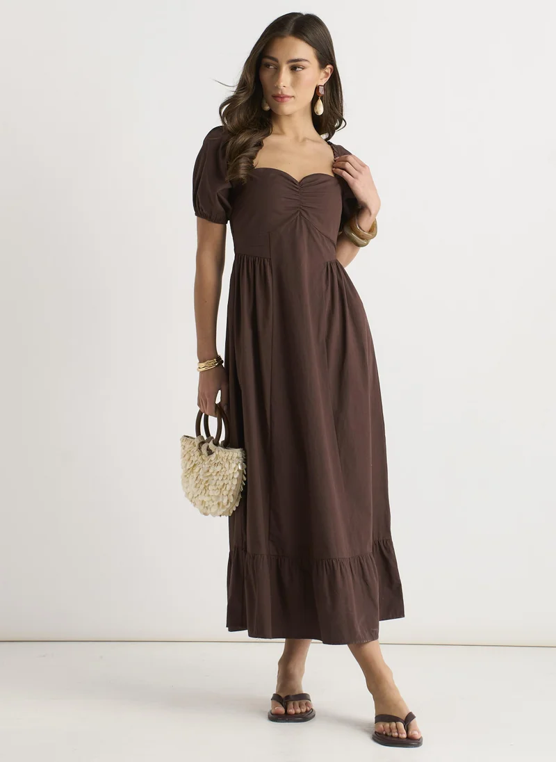 Gini London Brown Gypsy Puff Sleeves Midaxi Dress