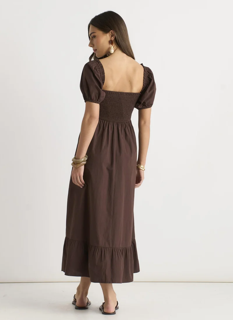 Gini London Brown Gypsy Puff Sleeves Midaxi Dress