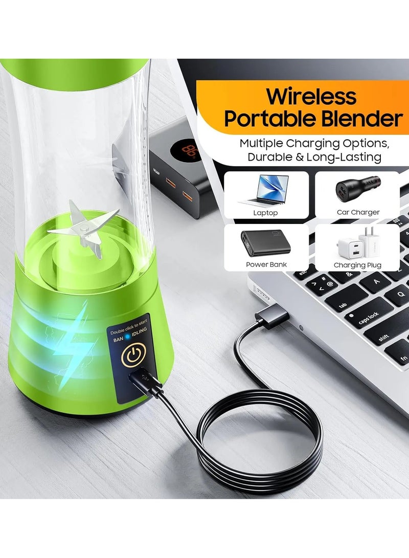 خلاط محمول صغير، خلاط عصير كهربائي USB لعصائر السموذي والأطعمة الشخصية، خلاط صغير قابل لإعادة الشحن، آلة خلط عصير الفاكهة بستة شفرات رائعة للخلط، 400 مل، أخضر للسفر - Image 3