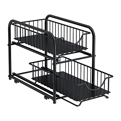 AIYAKA Pull-out Cabinet Organizer, Stackable 2-tier Under Sink Rack, with Sliding Storage Drawer for Pantry, and Desktop, for Bathroom, Kitchen, Office, Black - Image 3