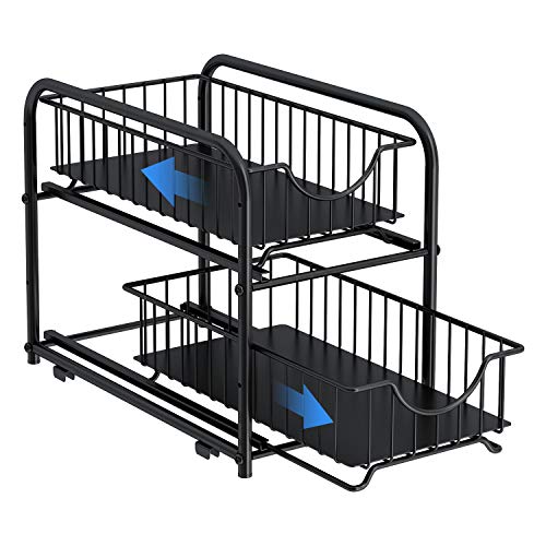 AIYAKA Pull-out Cabinet Organizer, Stackable 2-tier Under Sink Rack, with Sliding Storage Drawer for Pantry, and Desktop, for Bathroom, Kitchen, Office, Black - Image 4