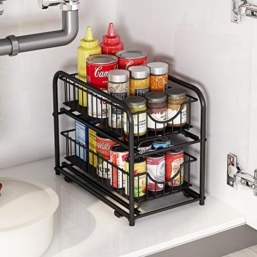 AIYAKA Pull-out Cabinet Organizer, Stackable 2-tier Under Sink Rack, with Sliding Storage Drawer for Pantry, and Desktop, for Bathroom, Kitchen, Office, Black - Image 2